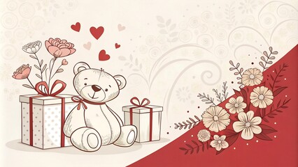 beautiful background for Valentine's Day greeting cards with gradient from red to white, with drawn teddy bear and gift boxes and flowers, in style Lineart, without text, mockup