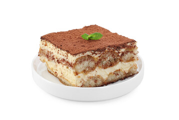 Delicious tiramisu with mint isolated on white