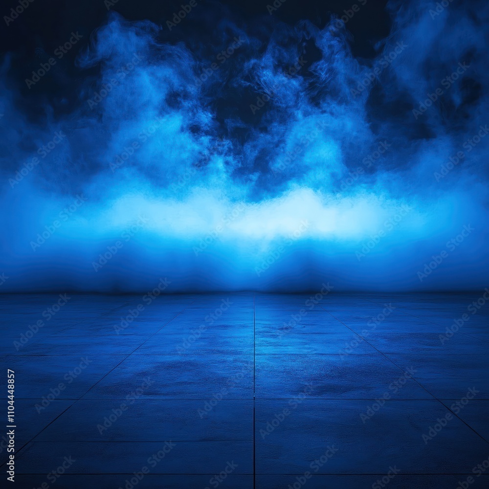 Poster empty urban scene lit by neon blue lights. smoke fills air. dark concrete floor with grid pattern. a