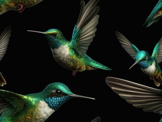 Obraz premium A vivid illustration of hummingbirds in flight against a dark background, showcasing their vibrant plumage and intricate details, perfect for nature-themed designs, educational materials