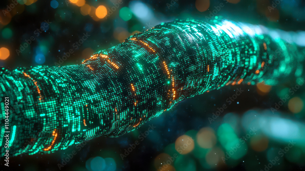 Poster digital data cable emerging from glowing green matrix of binary code in futuristic cyber space