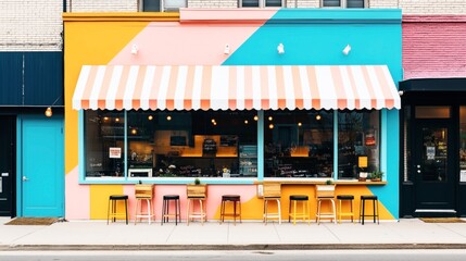 Colorful street cafe exterior with striped awning, vibrant blue and orange walls, and a row of stools along the sidewalk-facing counter.