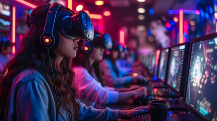 Fototapeta premium Young girl with VR headsets is gaming arcade