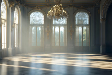 Fototapeta premium Sunlight streams through ornate windows, illuminating an elegant ballroom