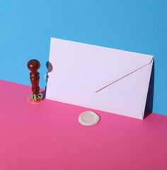 Vintage stamp with sealing wax and envelope. Creative layout. Invitation to a wedding or other...