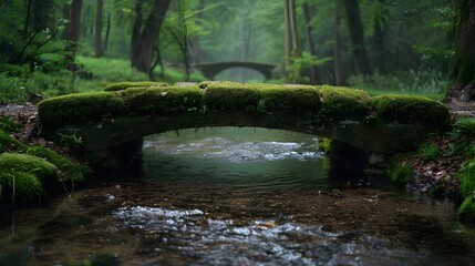 A bridge over a stream with moss growing on it
