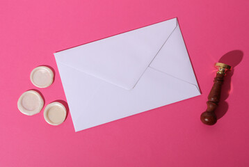 Vintage stamp with sealing wax and envelope. Creative layout. Invitation to a wedding or other...