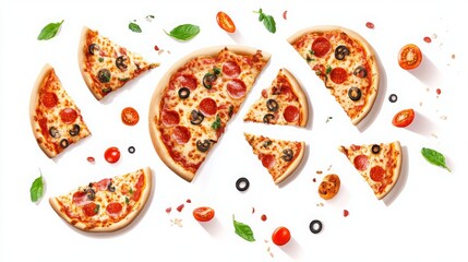 A banner set with pizzas and flying toppings, displayed on white.