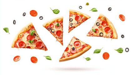 A banner set with pizzas and flying toppings, displayed on white.
