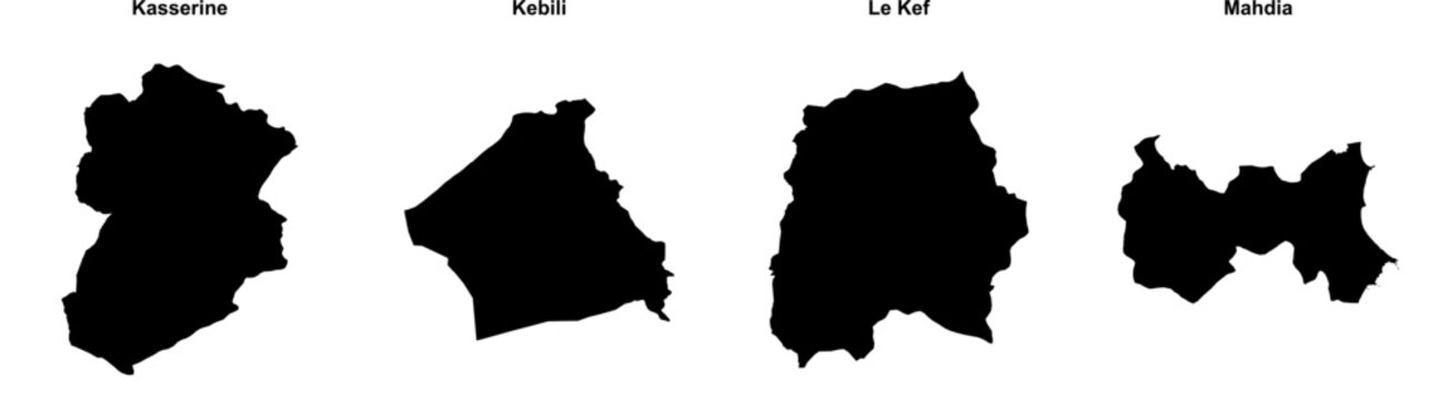Kasserine, Kebili, Le Kef, Mahdia outline maps