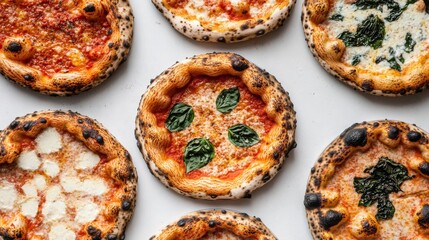 A collection of pizzas on a white background. 