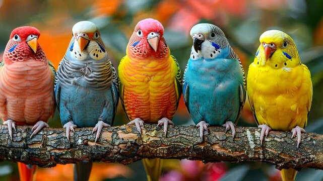 Colorful parakeets perched on a branch in a vibrant garden setting