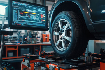 Fototapeta premium Car wheel centering machine adjustment. Auto service mechanic installing wheel alignment sensor on tire during vehicle suspension alignment adjustment