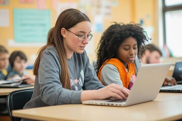 Students use laptops in classroom. Girls work on computer. School setting. Focus on tech use, learning. School day in progress. Students focused on laptops. Education in modern classroom. Technology