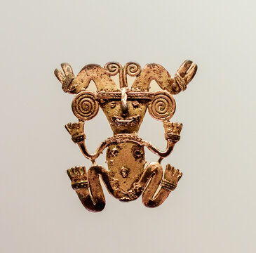 Colombia. Bogota, Colombia, February 06 2024 : Golden object from the cemetery of Malagana on the Cauca valley plains, where the rulers of a chieftainship were buried. Museo del Oro, Bogota, Colombia.
