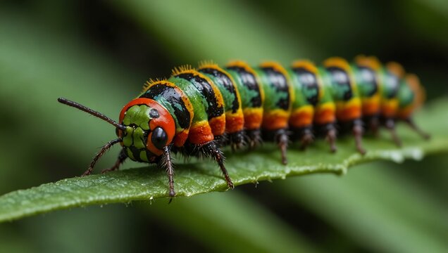 Colorful caterpillar resting on a green leaf.