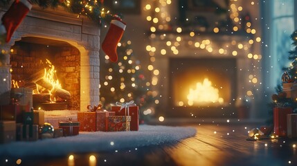 Obraz premium Festive Christmas background with blurred bokeh lights, a fireplace, presents, and decorations, evoking a magical holiday atmosphere in a cozy home. Perfect for creating merry holiday cards