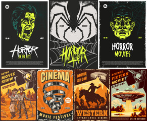 Retro horror movie posters on wall