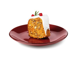Piece of traditional Christmas cake decorated with red currants and rosemary isolated on white
