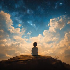 Fototapeta premium Child sits on hilltop gazing sky. Child looks up at clouds, stars. Calm peaceful scene. Wonderful landscape. Child appears thoughtful, contemplative. Inspiring image. Image embodies connection with