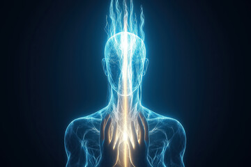 A luminous energy entity stands still, hands raised in a gesture of connection and focus, radiating vibrant light