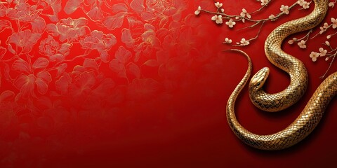 Obraz premium Chinese new year 2025 year of the Snake. Golden snake entwined with floral branches on a bold red textured background