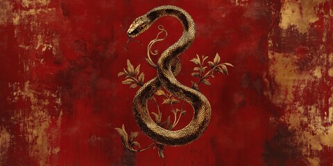 Golden snake with floral branches on a bold red textured background