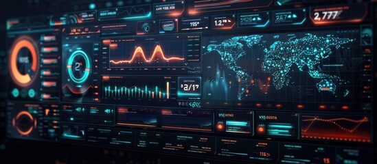 Obraz premium Futuristic digital interface with a comprehensive global data visualization and analytics dashboard showcasing various charts graphs and infographic elements for finance business