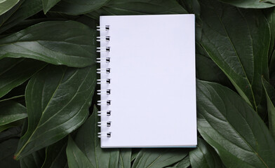 White notebook on green plant leaves