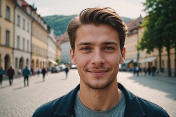 Fototapeta premium Close portrait of a smiling young Slovenian man looking at the camera, Slovenian city outdoors blurred background