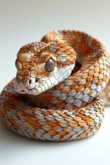 Fototapeta premium Close-up of a coiled snake showcasing its orange and white scales in sharp detail, emphasizing natural beauty and intricate patterns.