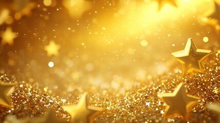 Fototapeta premium Golden Christmas tree stars shimmer against an abstract golden background, creating a festive holiday atmosphere. This vector illustration evokes the joy and anticipation of the New Year. 
