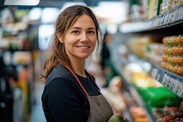 Happy female supermarket manager smiles at camera in store. She looks friendly and pro. Grocery store environment is visible in background. Retail employee in grocery market. Indoor setting.