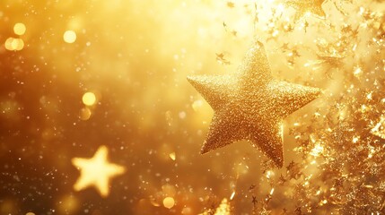 Golden Christmas tree stars shimmer against an abstract golden background, creating a festive holiday atmosphere. This vector illustration evokes the joy and anticipation of the New Year. 