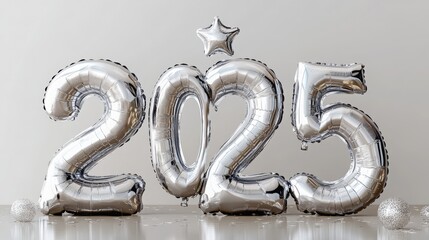 Silver balloons spell "2025," crowned above "20," perfect for New Year celebrations.