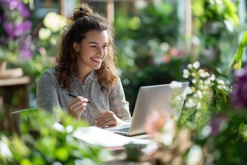 Happy female florist plans business development, finances with client. Discusses order details using laptop, notes. Outdoor setting surrounded by plants, flowers. Business owner, customer, flowers,