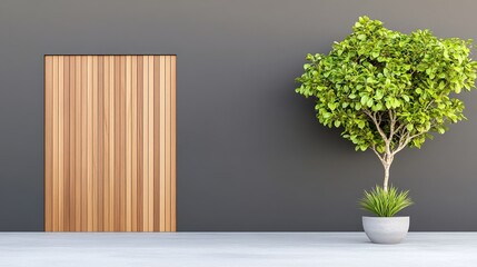 Fototapeta premium Modern outdoor wall with wooden door and green tree, stylish architectural background, minimalistic design, clean and natural aesthetic, space for text, elegant exterior