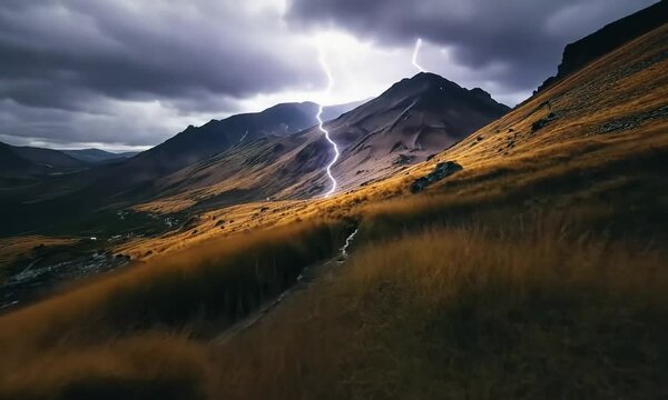 First person view shot of a a few lightning strikes in different locations. hyper-speed fly, dynamic motion, dynamic blur, timelapse, 30x speed. In the style of hyperlapse cinematography. Cloudy skies