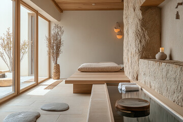 A minimalist wellness space, stone and wood elements, peaceful atmosphere.