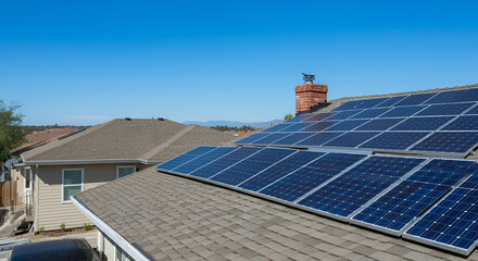Modest real estate home with solar power panels roof 