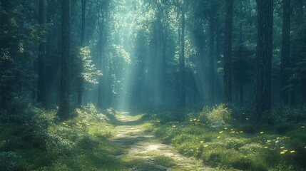 Obraz premium Sunbeams illuminate a mystical forest path.
