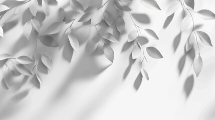 Abstract silhouette shadow white background of natural leaves tree branch falling on wall. blurry shadow of tropical leaves morning sun light