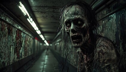 Zombie Lurking in a Deserted Subway Tunnel with Flickering Lights