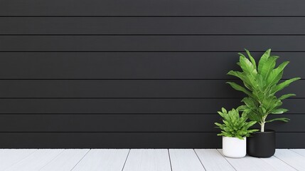 Minimal black wooden wall with green plants, modern design background, decorative potted plants, clean and simple outdoor aesthetic, neutral space for text, stylish greenery

