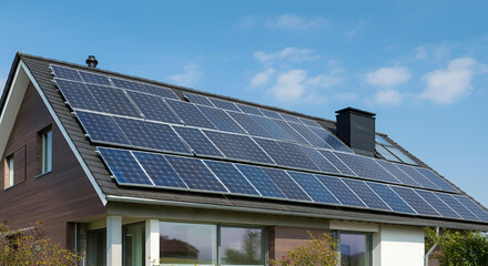 Fototapeta premium Modest real estate home with solar power panels roof 