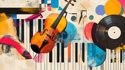 Poster showcasing a contemporary art collage. The abstract artwork features a violin, colorful piano keys, and a vinyl record, symbolizing the fusion of classical and modern music