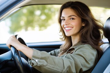 Fototapeta premium Woman drives car happily. Smiling female driver sits in vehicle. Enjoyful expression on face. Focus on happy facial expression. Modern car interior. Casual clothing. Outdoor environment visible