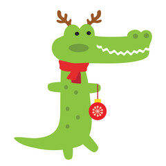 Happy Christmas green crocodile  vector cartoon illustration