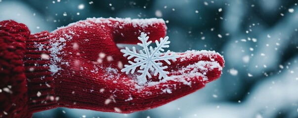 close up macro snowflake in hand on winter landscape, welcome winter, beauty of snow and nature, winter vibes cold season concept, snowy wallpaper, winter holiday atmosphere banner