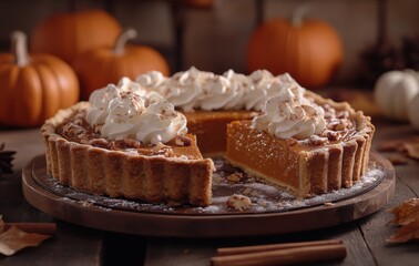 Delicious pumpkin pie with whipped cream and sliced cinnamon decor
